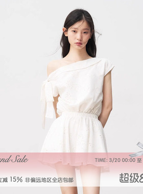 RECIT 白色法式镂空花朵斜肩连衣裙女春夏蝴蝶结系带设计收腰短裙