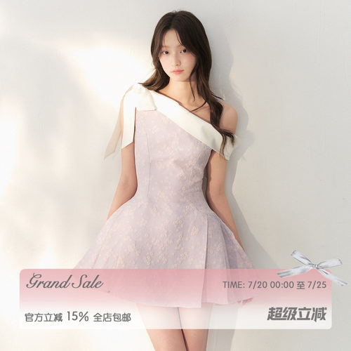 RECIT 薰衣草紫油画提花斜肩连衣裙女夏季立体蝴蝶结收腰A字短裙