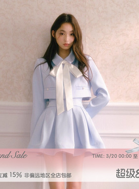 RECIT 雾蓝色韩系千金风缎面系带短外套高腰立体打褶蓬蓬裙套装