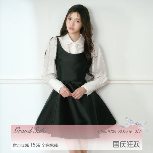 RECIT 黑色光泽感赫本吊带连衣裙女千金感无袖短裙A字收腰小黑裙
