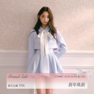 RECIT 雾蓝色韩系千金风缎面系带短外套高腰立体打褶蓬蓬裙套装