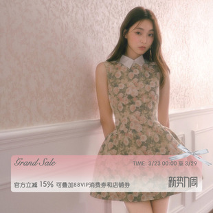 RECIT 玫瑰油画衬衫领无袖连衣裙女春夏千金风蓬蓬修身收腰背心裙