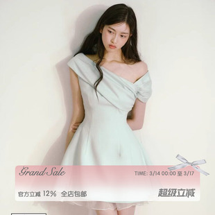 RECIT 薄荷绿一字斜肩连衣裙女春夏千金风小众设计独特漂亮掐腰裙