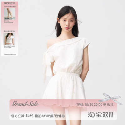 白色法式斜肩系带连衣裙