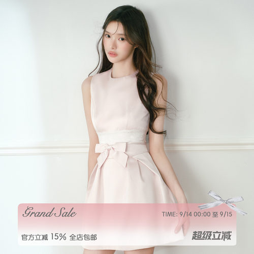 RECIT 粉色缎面蕾丝腰封背心连衣裙女秋千金风蝴蝶结收腰无袖短裙