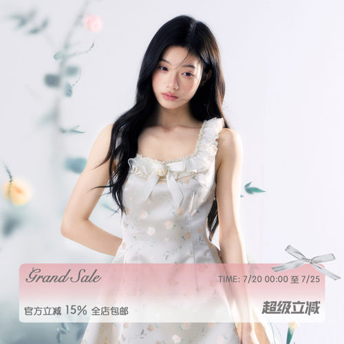 RECIT 清透油画提花小飞袖背心连衣裙女夏季立体玫瑰收腰背心短裙