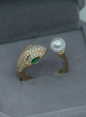 S925纯银镶锆生肖蛇形珍珠戒指