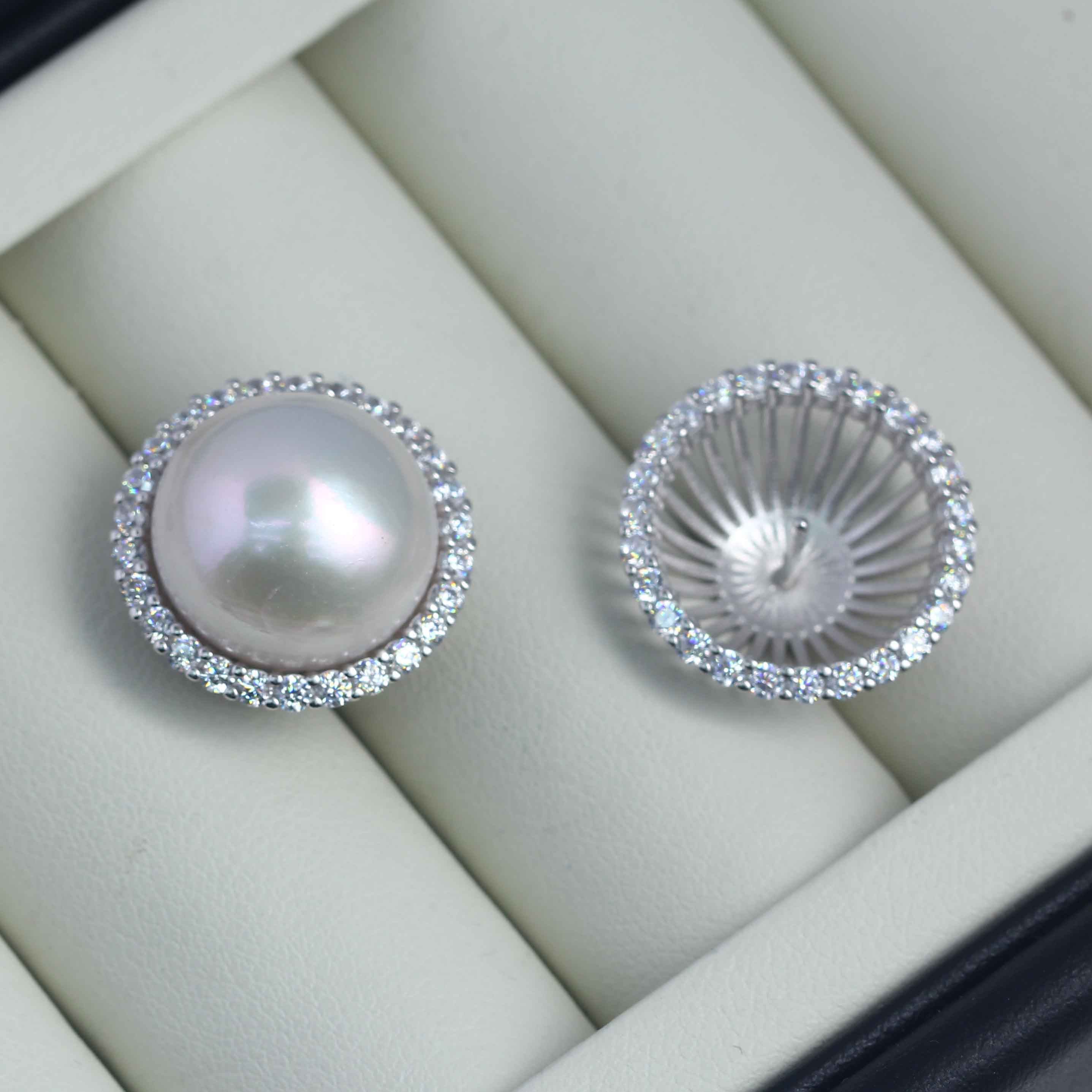 DIY珍珠配件S925纯银镶锆简约花朵耳饰耳钉空托时尚百搭