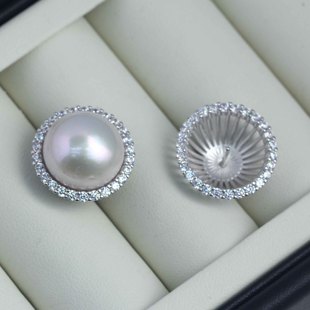 DIY珍珠配件S925纯银镶锆简约花朵耳饰耳钉空托时尚百搭