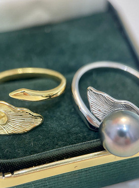 S925纯银时尚树叶遮瑕款珍珠戒指