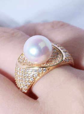 DIY珍珠配件新款S925纯银宽面镶钻戒指空托时尚大气精致小众设计Y