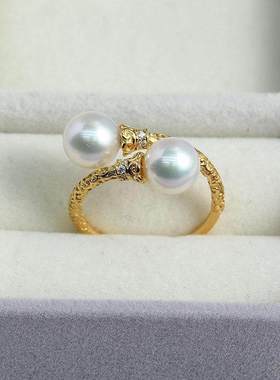 珍珠配件新款S925纯银双珠戒指