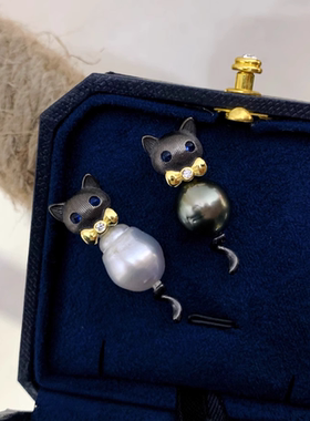 S925纯银猫咪珍珠吊坠项链空托