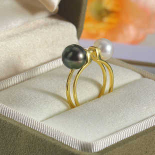 DIY珍珠配件新款S925纯银平行线条双头珍珠戒指空托时尚精致小众