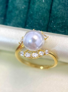 DIY珍珠配件新款S925纯银镶钻戒指空托精致时尚简约开口可调节