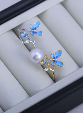 S925纯银珐琅彩蝴蝶戒指空托