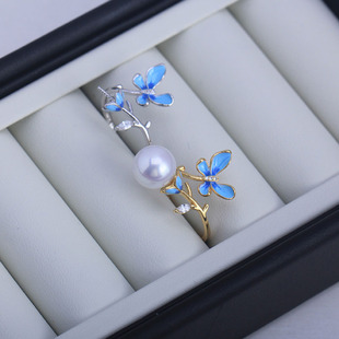 DIY珍珠配件新款S925纯银珐琅彩蝴蝶戒指空托 蝶恋花精致高级感