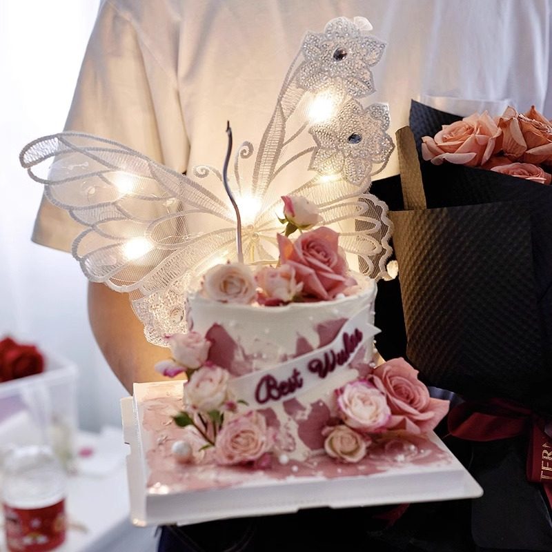 佳妍同款蝴蝶蛋糕装饰摆件唯美带灯蕾丝蝴蝶小仙女情人节蛋糕插件