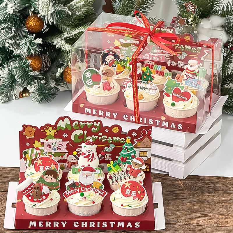 圣诞节6粒纸杯蛋糕装饰包装盒软胶圣诞老人圣诞树礼物甜品打包盒