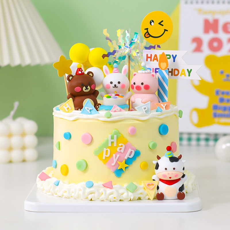 复古软胶小动物蛋糕装饰摆件熊兔小老虎儿童宝宝卡通生日烘焙插件