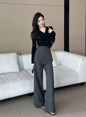 美娜假两件休闲裤女2025秋冬新款层次感裙裤宽松直筒高腰灰色裤子
