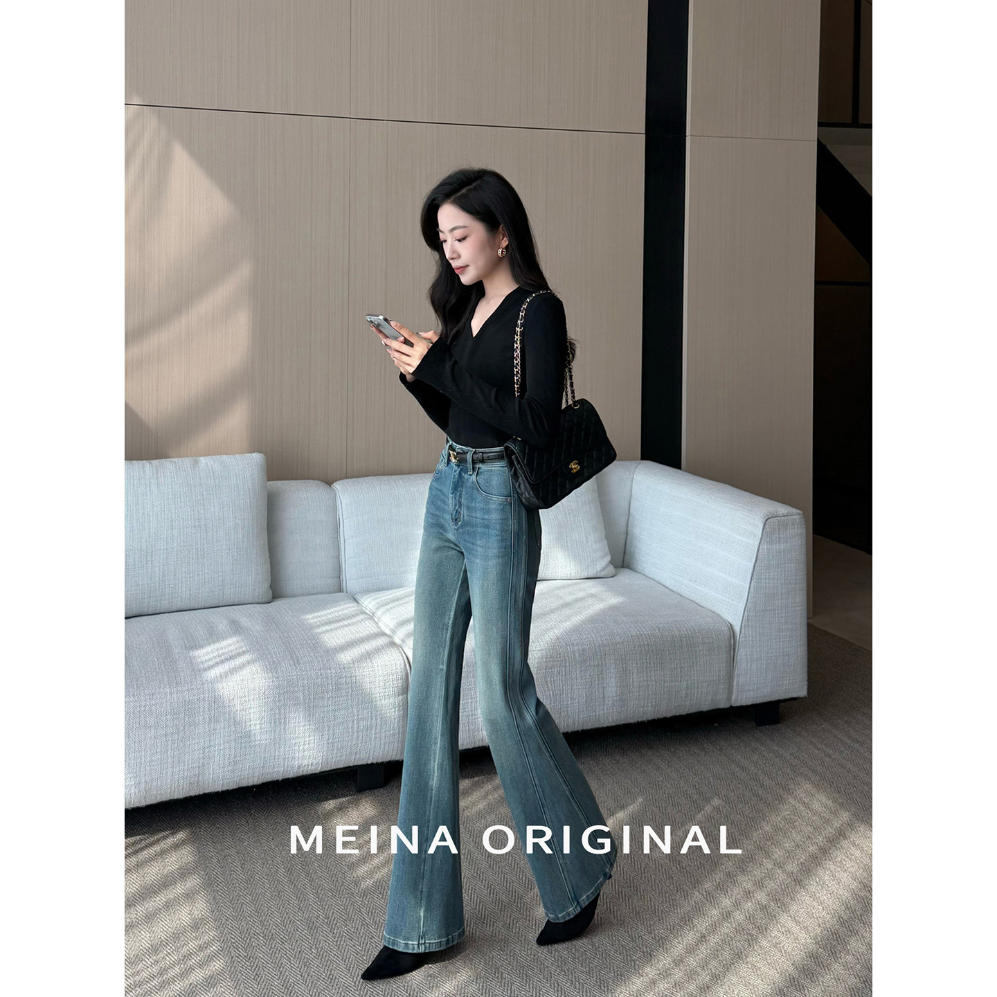 美娜高腰微喇牛仔裤女2025秋冬季直筒显瘦拖地裤时尚喇叭裤休闲