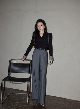 美娜醋酸灰色西装阔腿裤女2026新款休闲裤宽松慵懒垂坠感裤子