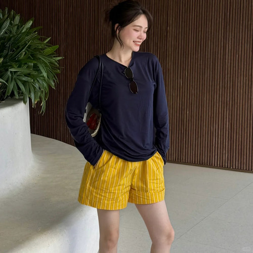 黄色条纹松紧腰休闲短裤女夏季