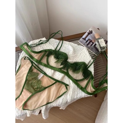 高奢~质感流苏半杯内衣女超薄杯大胸显小透明网纱性感蕾丝文胸罩