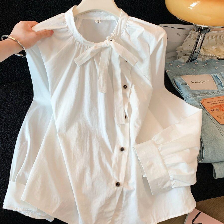 加小码XXS秋装女装新款小个子150cm立领蝴蝶结衬衫褶皱长袖衬衣