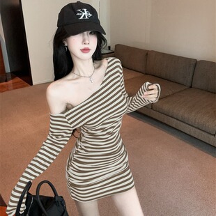 加小码XXS女装150cm新款矮个子秋装斜领露肩长袖连衣裙包臀裙