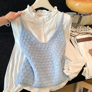 加小码XXS秋装女装小个子150cm新款针织吊带背心两件套衬衫上衣