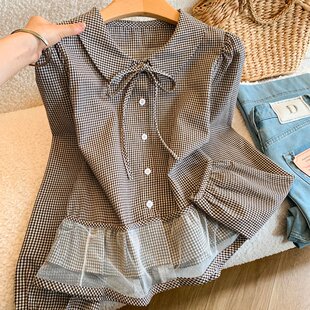 秋装女装小个子XXS加小码150cm新款格长袖衬衫女蕾丝网纱拼接上衣