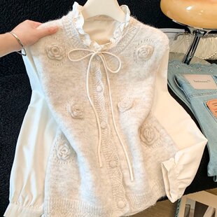 秋装女装小个子150cm新款加小码XXS立体针织马甲背心衬衫两件套女