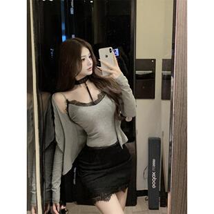加小码XXS女装150cm新款矮个子秋装蕾丝挂脖吊带开衫+包臀裙套装