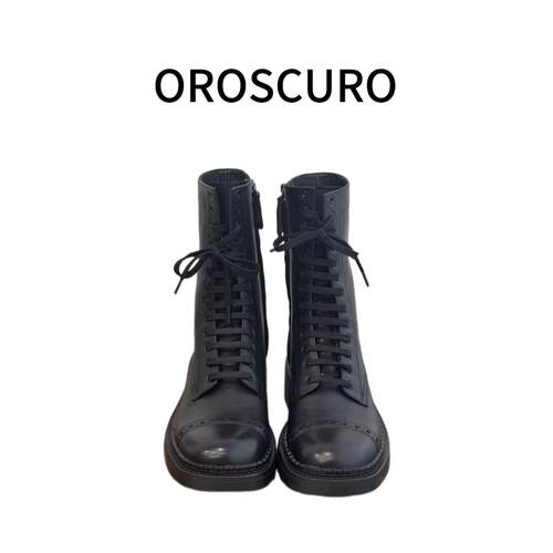OROSCURO 新款英伦风系带马丁靴厚底小个子中筒机车靴女51008