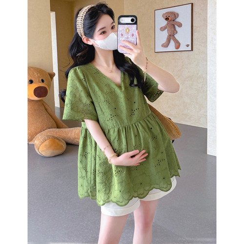 AUMS孕妇V领蕾丝刺绣娃娃衫