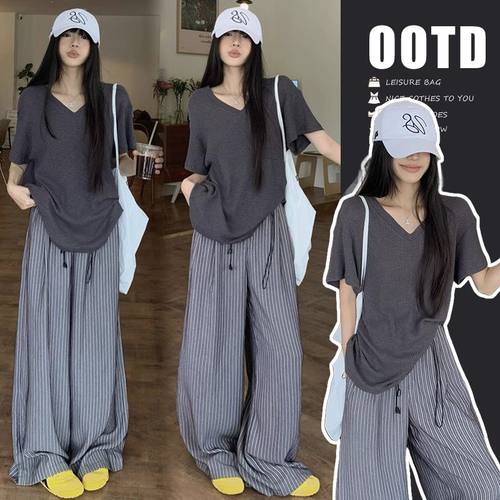 孕妇装春夏2025新款休闲套装V领短袖T恤上衣条纹阔腿裤两件套春秋