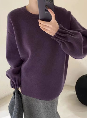 孕妇装上衣2025新款简约纯色慵懒宽松圆领褶皱灯笼袖针织毛衣秋冬