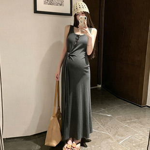 孕妇连衣裙夏装2026新款法式绑带收腰显瘦弹力u领无袖背心长裙子