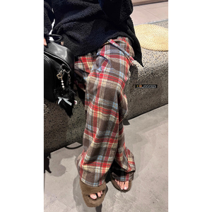 孕妇格纹阔腿裤子秋冬季加绒加厚款外穿冬装休闲毛呢拖地直筒长裤