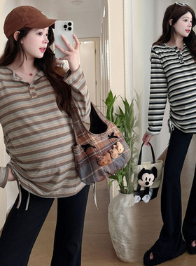 孕妇套装2025新款慵懒条纹V领长袖T恤上衣女微喇休闲裤秋季两件套