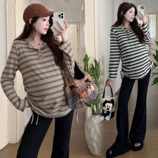 秋季 孕妇套装 T恤上衣女微喇休闲裤 慵懒条纹V领长袖 两件套 2025新款