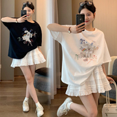 T恤蛋糕半身短裙夏季 立体蝴蝶结小狗印花短袖 两件套 夏装 孕妇套装