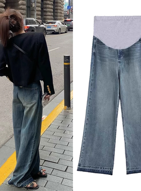 复古蓝孕妇阔腿裤子秋冬季加绒加厚2025新款不勒肚子外穿牛仔长裤