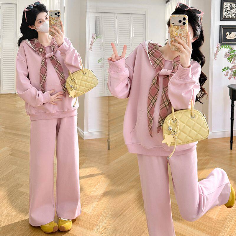 孕妇套装春装2026新款格纹拼接连帽卫衣女垂感休闲阔腿运动裤春季