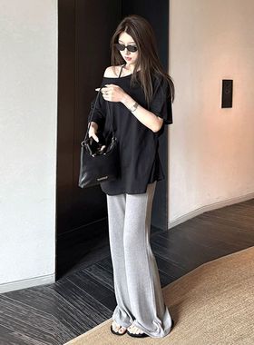 孕妇套装2025新款慵懒风宽松斜肩短袖上衣休闲阔腿裤夏春秋两件套