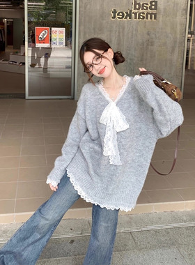 孕妇装上衣女2025新款韩版中长款蕾丝蝴蝶结拼接V领长袖毛衣冬装