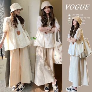 孕妇套装春装2026新款宽松圆领镂空短袖衬衣休闲阔腿裤春夏两件套