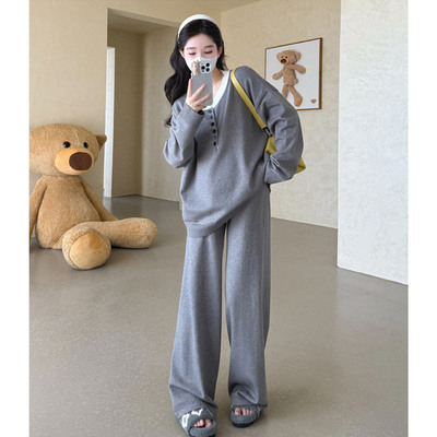 AUMS孕妇假两件上衣针织阔腿裤